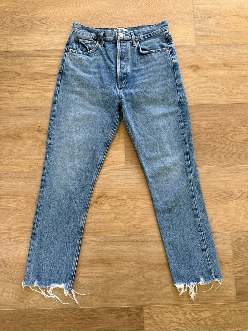 AGOLDE Riley High Rise Straight Crop Raw Hem Jeans Size 27 Haven Blue